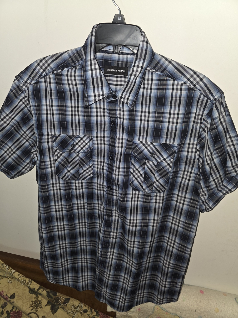 Michael Brandon Short-Sleeve Plaid Button-Down Shirt in Blue and Black